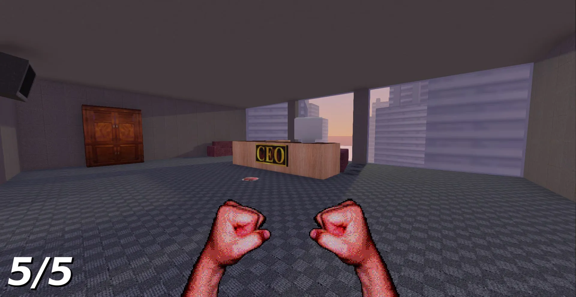 Screenshot showing CEO's office, with a massive window showing skyscrapers and yellow skies, a huge desk with big sign saying "CEO", and a few sofas and TVs.