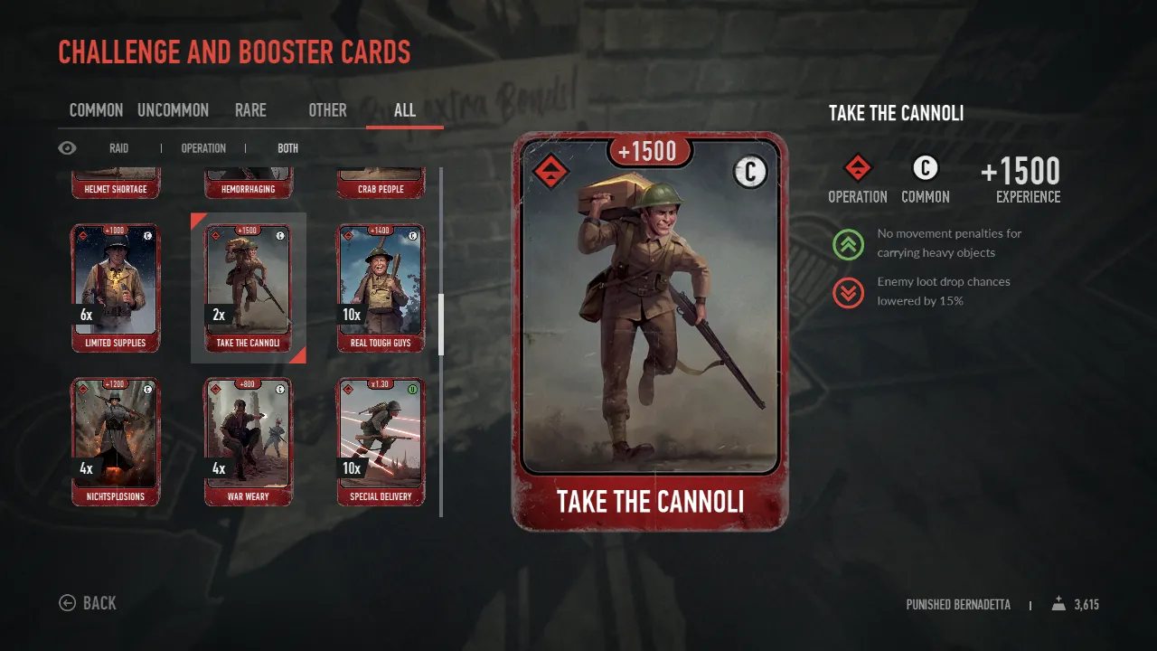 Screenshot showing card "Take the cannoli". Positive effect: No movement penalties for carrying heavy objects. Negative effect: Enemies loot drop chance reduced by 15%. Can only be used in Operations.