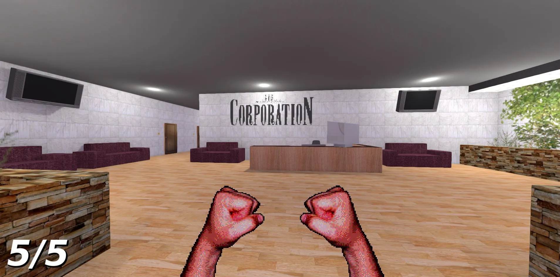Final version of level 3, showing same location but now with a wooden floor, marble walls, planters made out of bricks, and quite a few sofas and TVs.