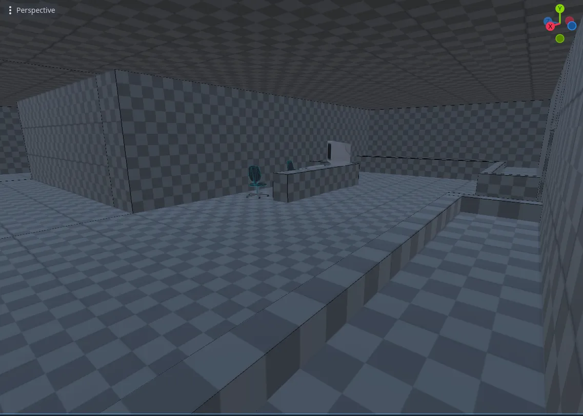 Blockout of level 3, showing a reception desk, corridor to the left, and 2 big planters.